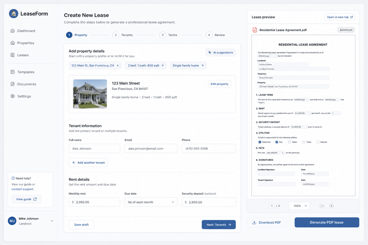 LeaseForm lease wizard and landlord dashboard